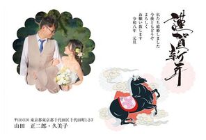 年賀状　うま年　和柄バック　謹賀新年